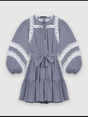 Maje Navy Gingham Lace-Trim Puff Sleeve Dress